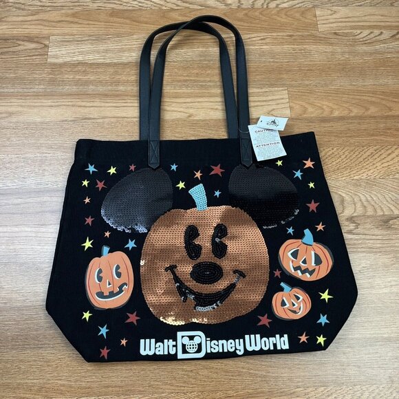 Disney Handbags - Walt Disney World Parks Halloween Mickey Sequin Pumpkin Canvas Tote Bag NEW